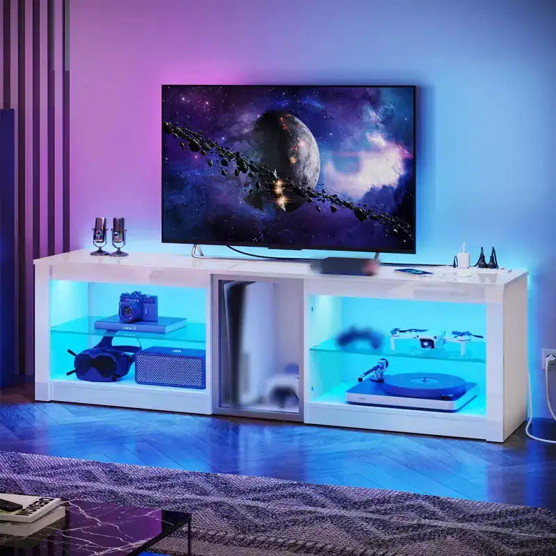 Meuble TV LED de 63 pouces avec station de charge et étagères en verre