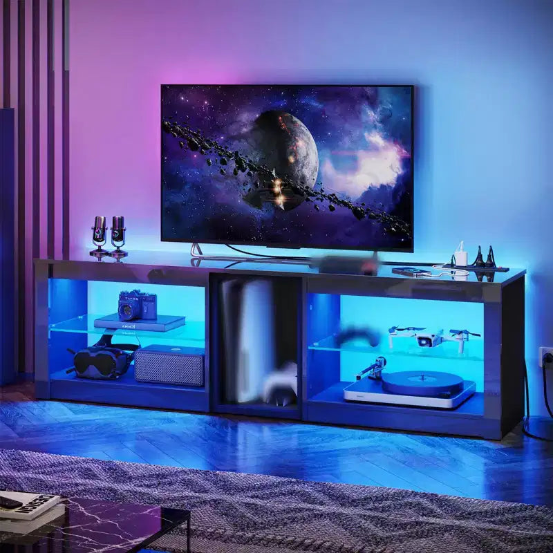 Meuble TV LED de 63 pouces avec station de charge et étagères en verre