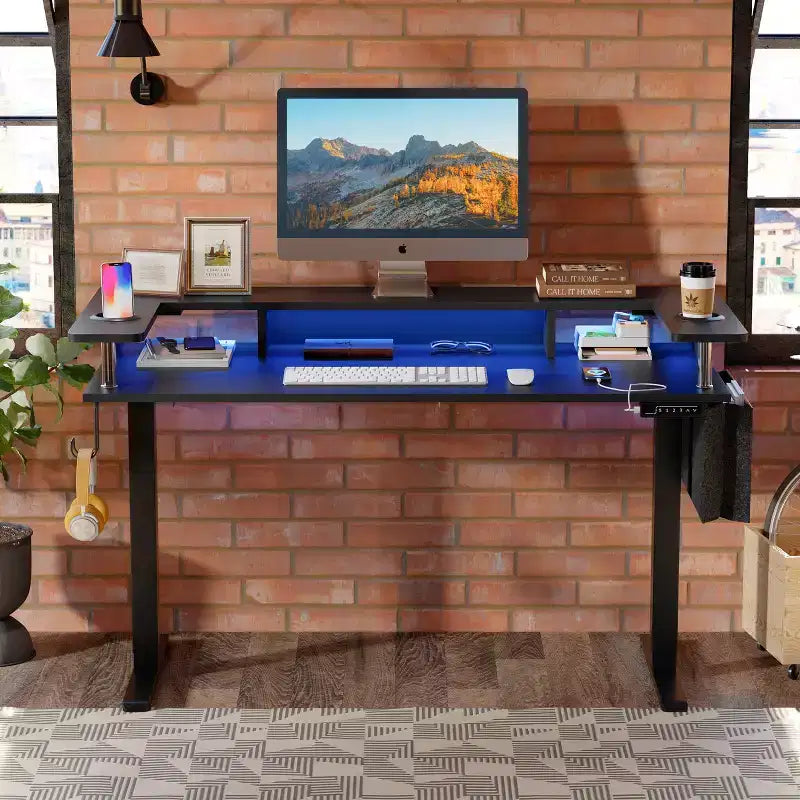 58 Bureau debout avec support d'écran, bureau d'ordinateur à LED réglable en hauteur avec rangement et crochet, bureau de travail debout pour le télétravail et l'écriture