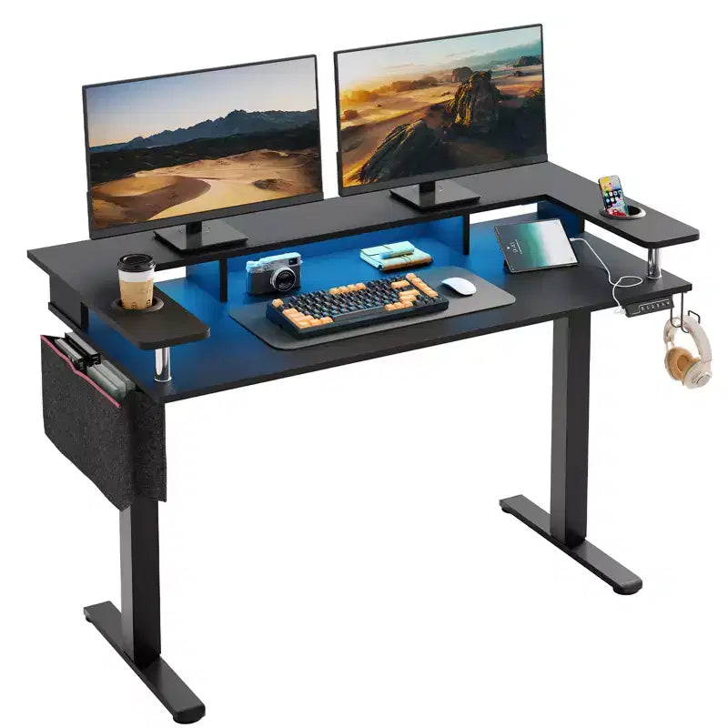 58 Bureau debout avec support d'écran, bureau d'ordinateur à LED réglable en hauteur avec rangement et crochet, bureau de travail debout pour le télétravail et l'écriture