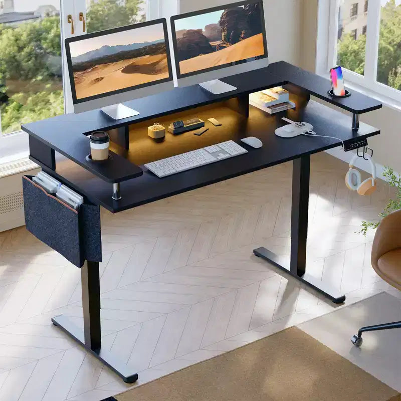 58 Bureau debout avec support d'écran, bureau d'ordinateur à LED réglable en hauteur avec rangement et crochet, bureau de travail debout pour le télétravail et l'écriture