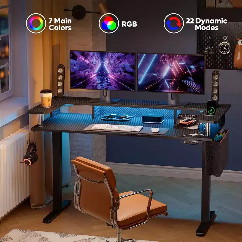 58 Bureau debout avec support d'écran, bureau d'ordinateur à LED réglable en hauteur avec rangement et crochet, bureau de travail debout pour le télétravail et l'écriture