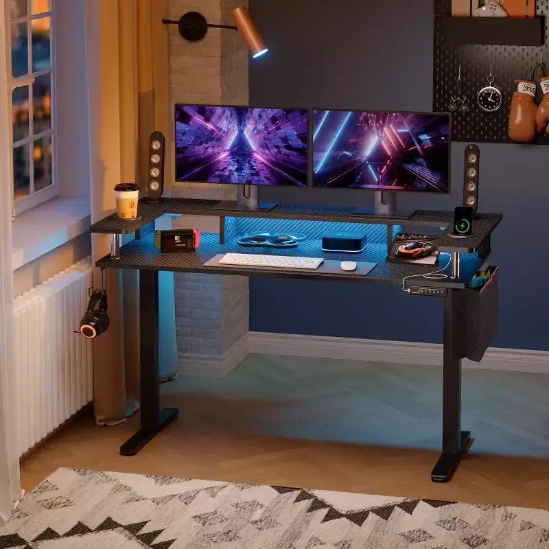 58 Bureau debout avec support d'écran, bureau d'ordinateur à LED réglable en hauteur avec rangement et crochet, bureau de travail debout pour le télétravail et l'écriture