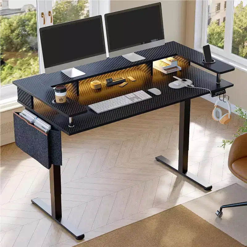 58 Bureau debout avec support d'écran, bureau d'ordinateur à LED réglable en hauteur avec rangement et crochet, bureau de travail debout pour le télétravail et l'écriture