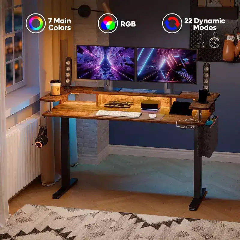 58 Bureau debout avec support d'écran, bureau d'ordinateur à LED réglable en hauteur avec rangement et crochet, bureau de travail debout pour le télétravail et l'écriture