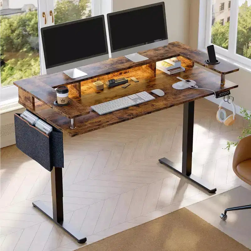 58 Bureau debout avec support d'écran, bureau d'ordinateur à LED réglable en hauteur avec rangement et crochet, bureau de travail debout pour le télétravail et l'écriture