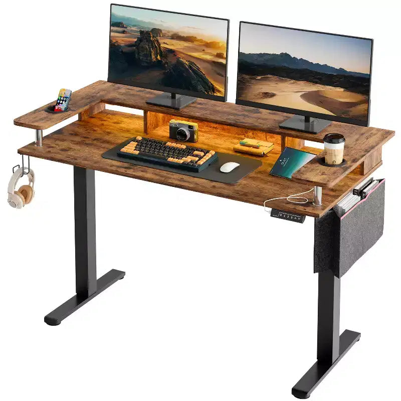 58 Bureau debout avec support d'écran, bureau d'ordinateur à LED réglable en hauteur avec rangement et crochet, bureau de travail debout pour le télétravail et l'écriture