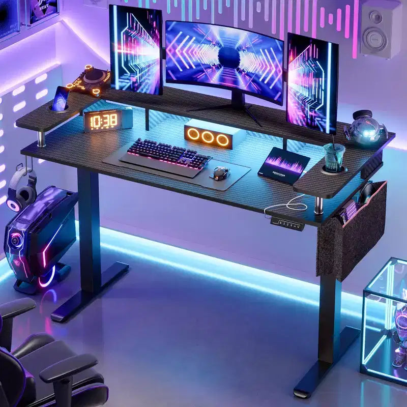 58 Bureau debout avec support d'écran, bureau d'ordinateur à LED réglable en hauteur avec rangement et crochet, bureau de travail debout pour le télétravail et l'écriture