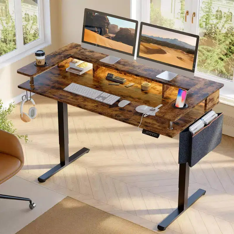 58 Bureau debout avec support d'écran, bureau d'ordinateur à LED réglable en hauteur avec rangement et crochet, bureau de travail debout pour le télétravail et l'écriture