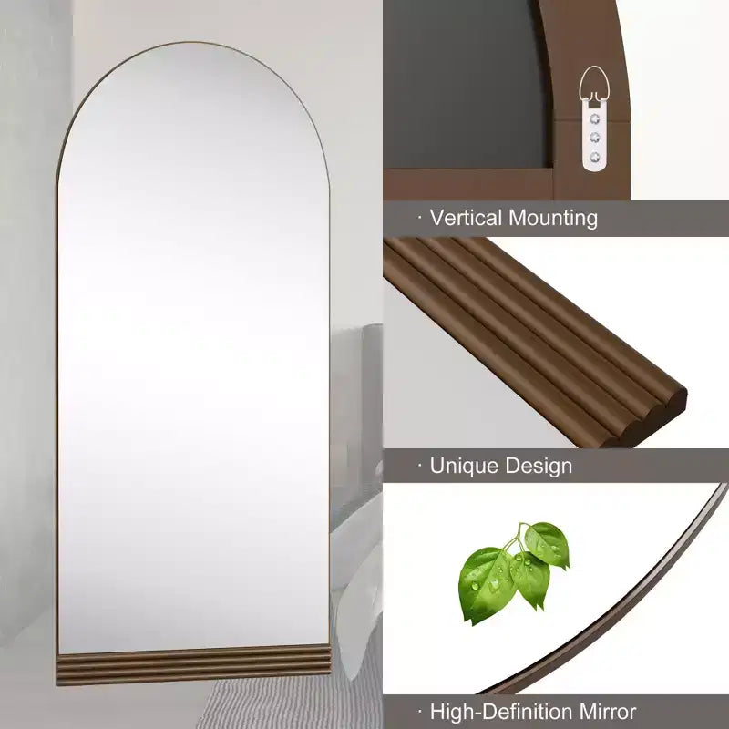 Miroir mural arqué pleine longueur de 31 po l. x 71 po H avec cadre en bois et base en bois rayé de couleur marron