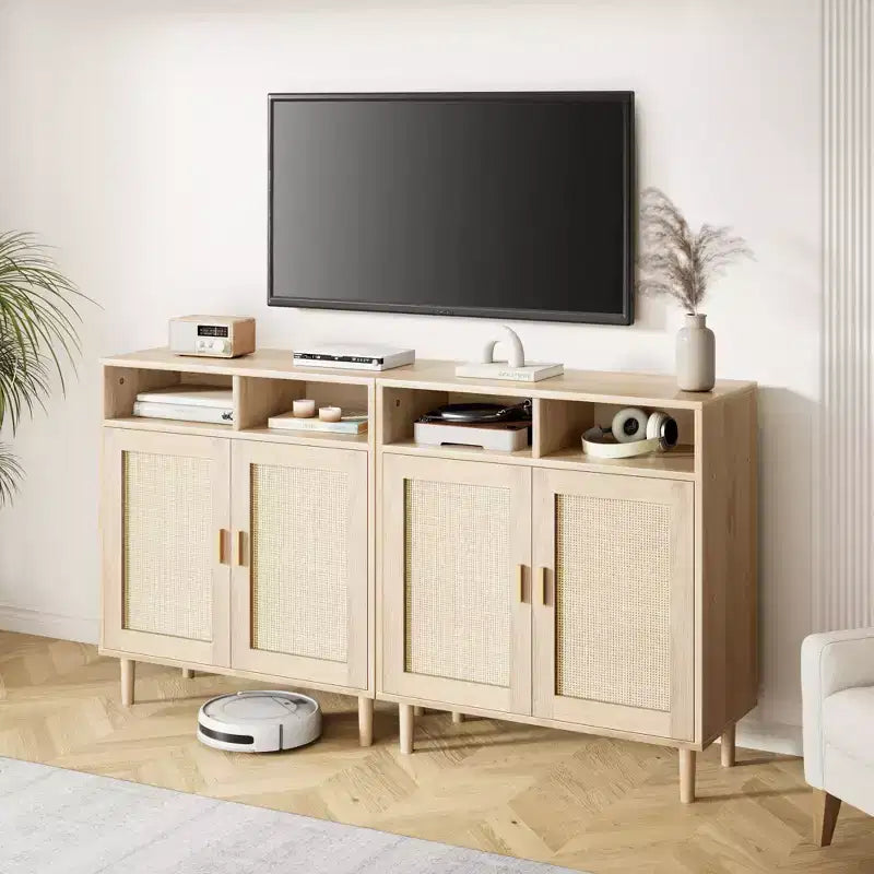 Paire de buffets/bahuts en rotin - Rangement à 2 portes avec étagère, Meuble moderne pour plusieurs pièces, 91 cm H