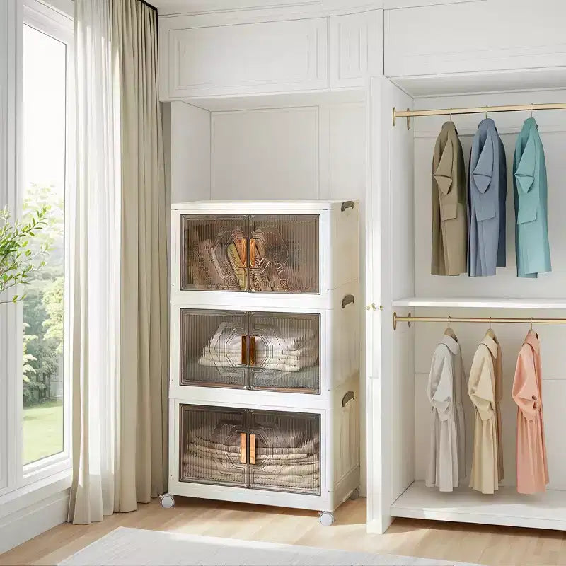 Lot de 3/4/5 bacs de rangement empilables avec couvercle et roulettes verrouillables, armoire de rangement pliable en PP, organiseur de maison