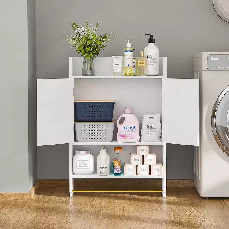 Meuble de rangement pour salle de bain, armoire autoportante ou murale avec 2 portes et 1 étagère ouverte, blanc