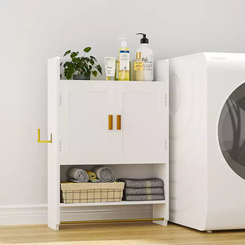 Meuble de rangement pour salle de bain, armoire autoportante ou murale avec 2 portes et 1 étagère ouverte, blanc