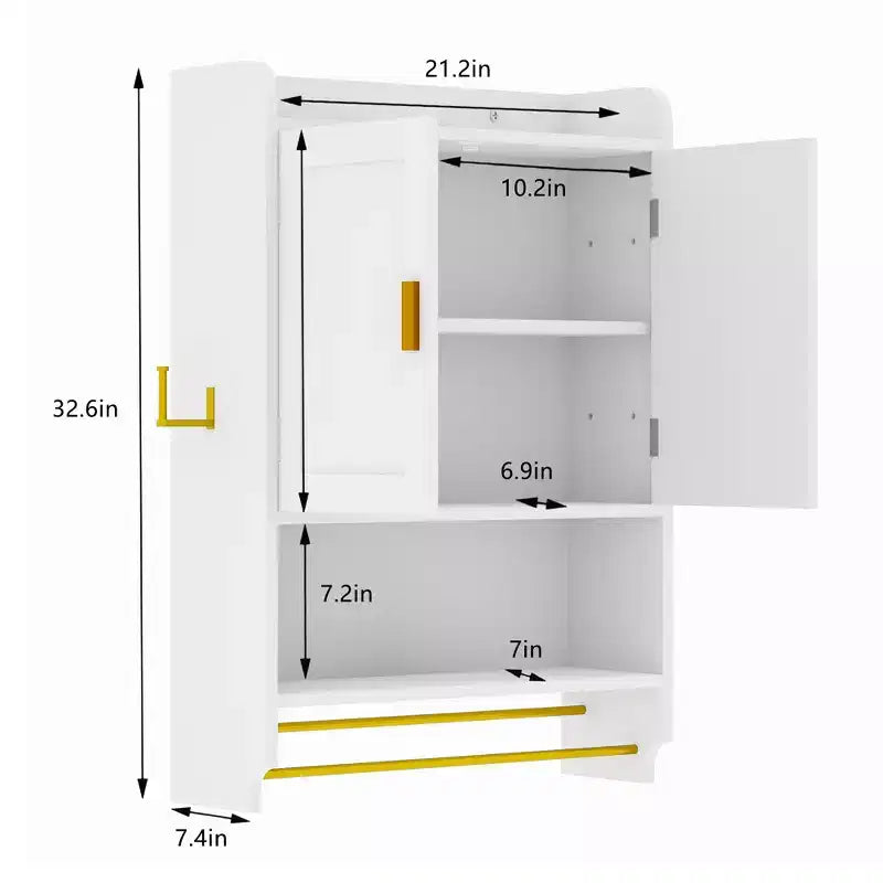 Meuble de rangement pour salle de bain, armoire autoportante ou murale avec 2 portes et 1 étagère ouverte, blanc