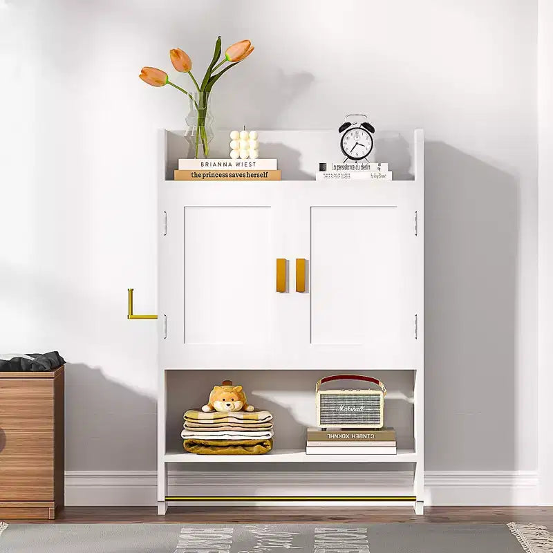 Meuble de rangement pour salle de bain, armoire autoportante ou murale avec 2 portes et 1 étagère ouverte, blanc