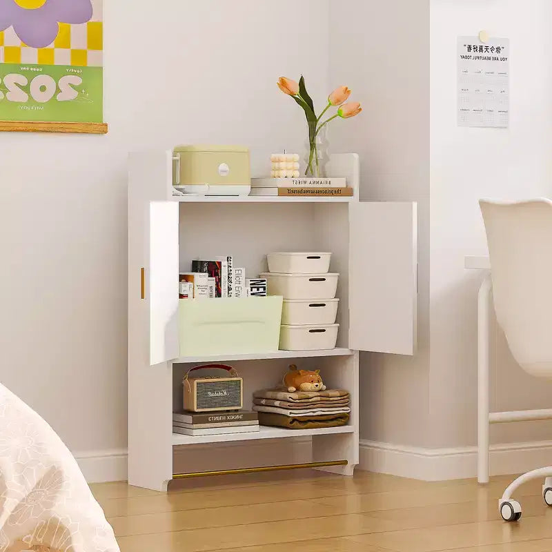 Meuble de rangement pour salle de bain, armoire autoportante ou murale avec 2 portes et 1 étagère ouverte, blanc