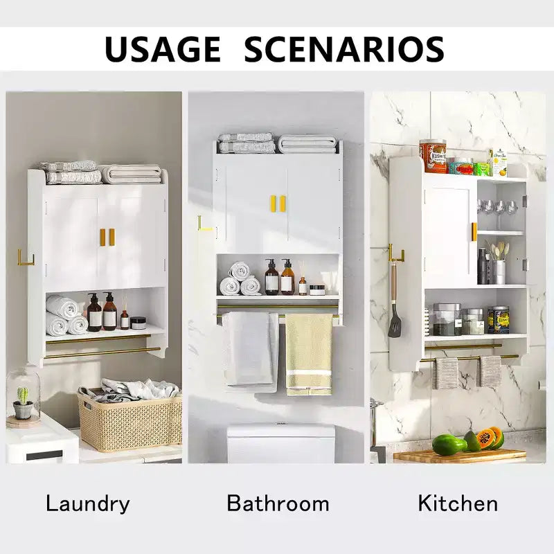 Meuble de rangement pour salle de bain, armoire autoportante ou murale avec 2 portes et 1 étagère ouverte, blanc