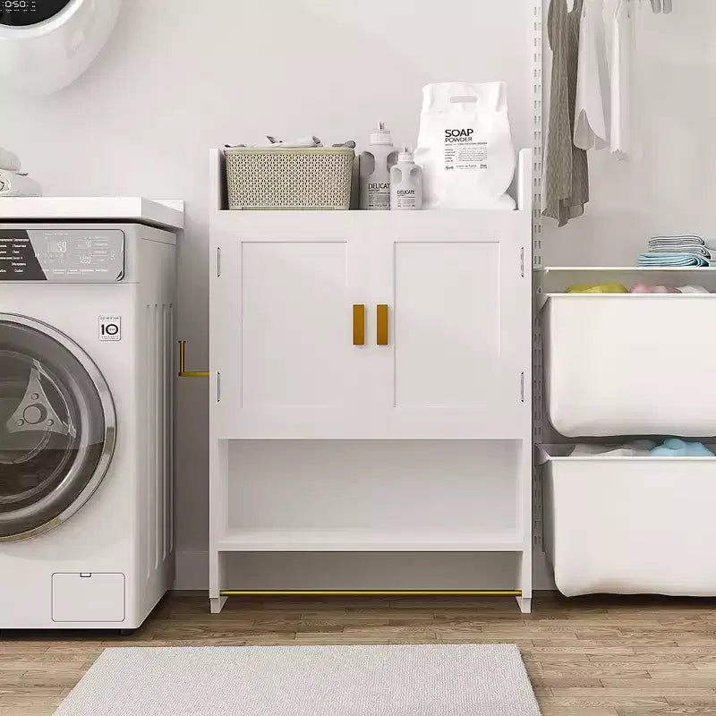 Meuble de rangement pour salle de bain, armoire autoportante ou murale avec 2 portes et 1 étagère ouverte, blanc