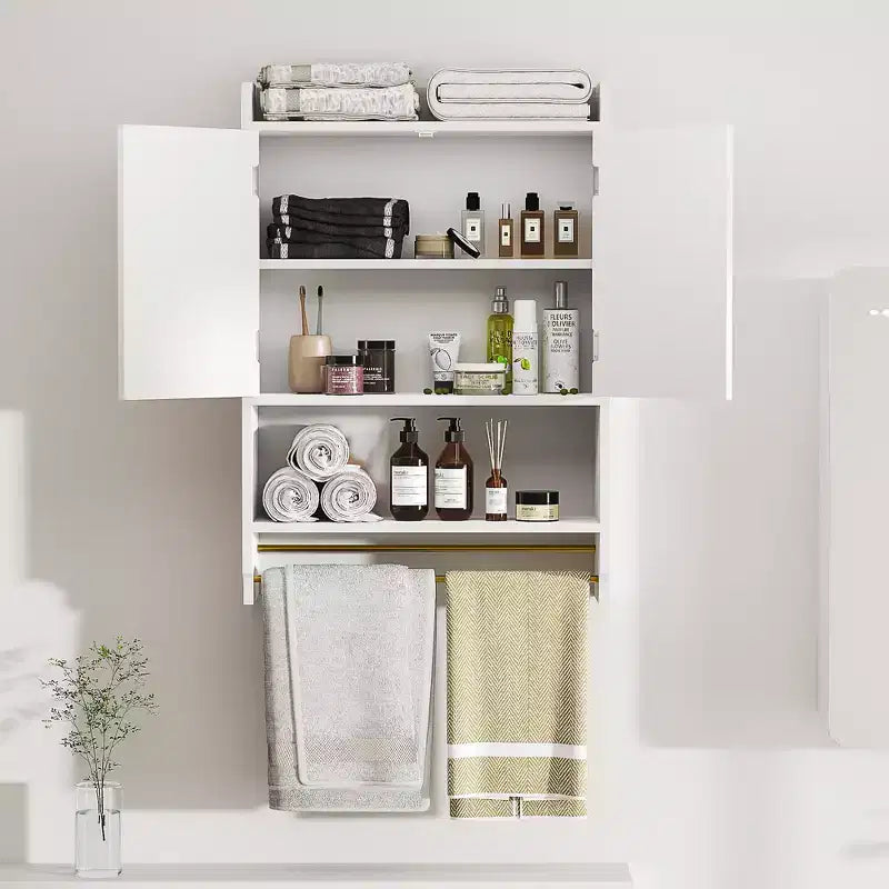 Meuble de rangement pour salle de bain, armoire autoportante ou murale avec 2 portes et 1 étagère ouverte, blanc