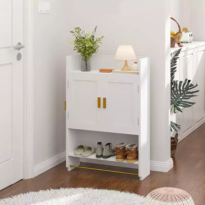 Meuble de rangement pour salle de bain, armoire autoportante ou murale avec 2 portes et 1 étagère ouverte, blanc