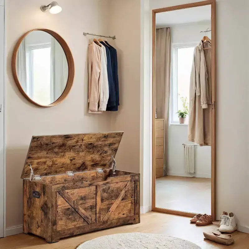 Coffre de rangement et banc de style rustique avec charnières de sécurité – Solution de rangement polyvalente pour entrée, chambre et salon