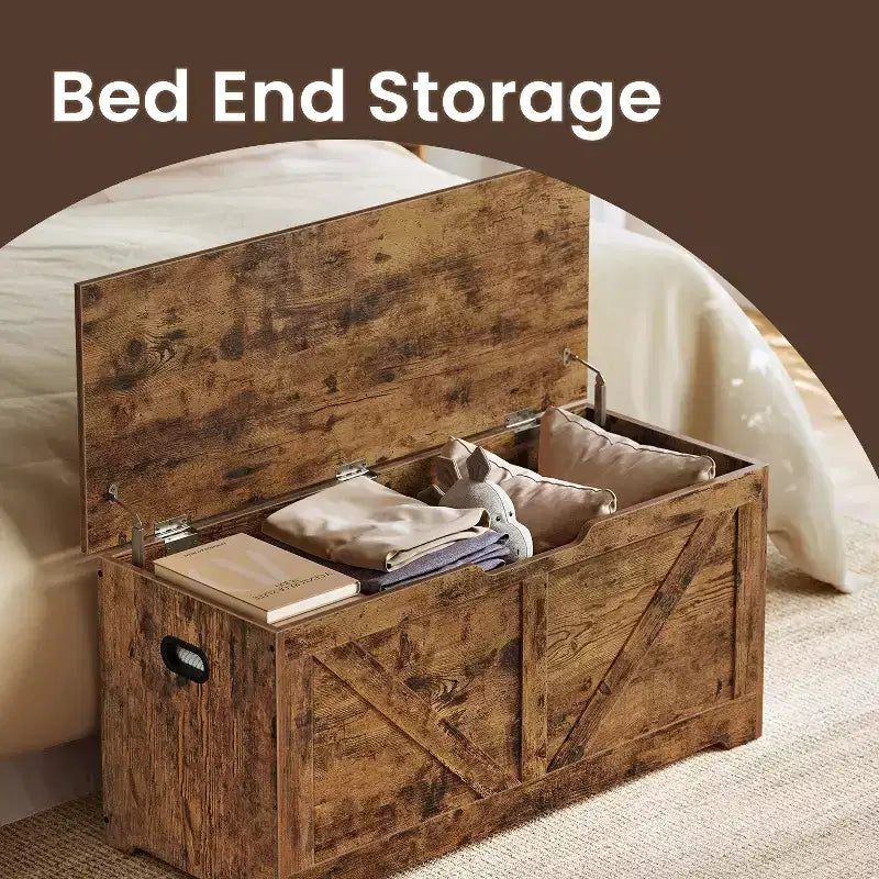 Coffre de rangement et banc de style rustique avec charnières de sécurité – Solution de rangement polyvalente pour entrée, chambre et salon