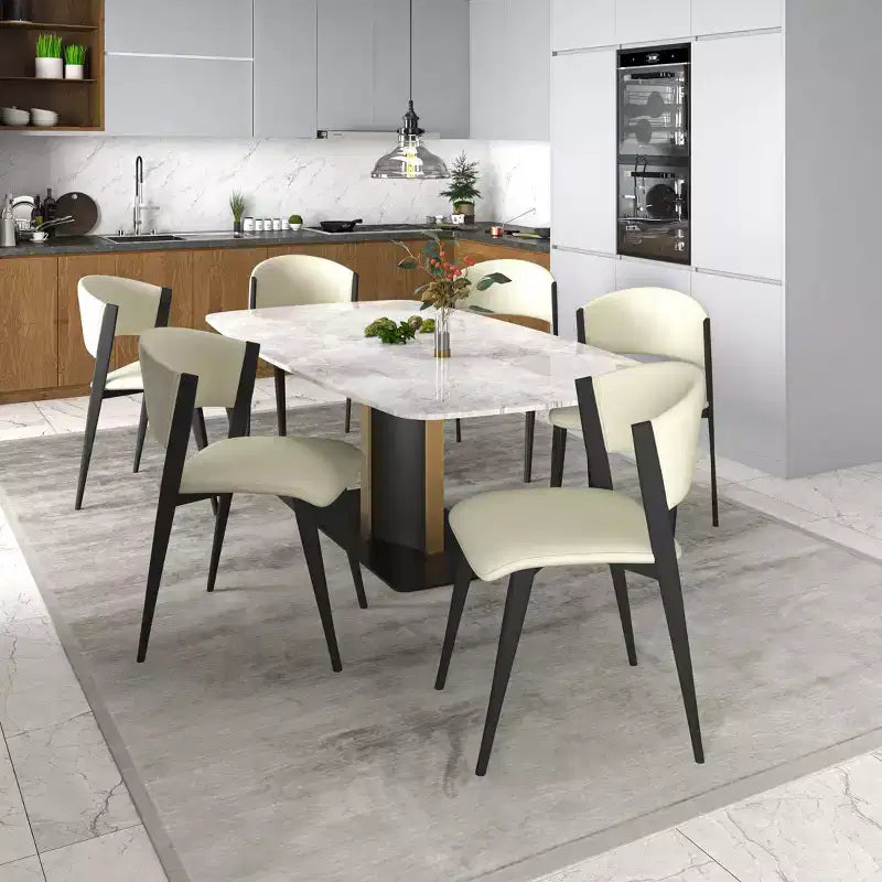 Chaises de salle à manger capitonnées, lot de 2, assise en cuir, piètement et pieds en fer noir, style moderne, pour cuisine, salle à manger ou café