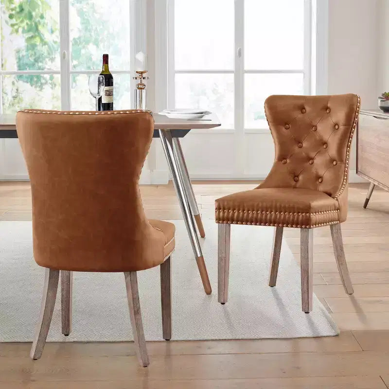 Ensemble de 2 chaises de salle à manger d'intérieur cloutées en cuir avec ancrage, chaises modernes du milieu du siècle pour la maison