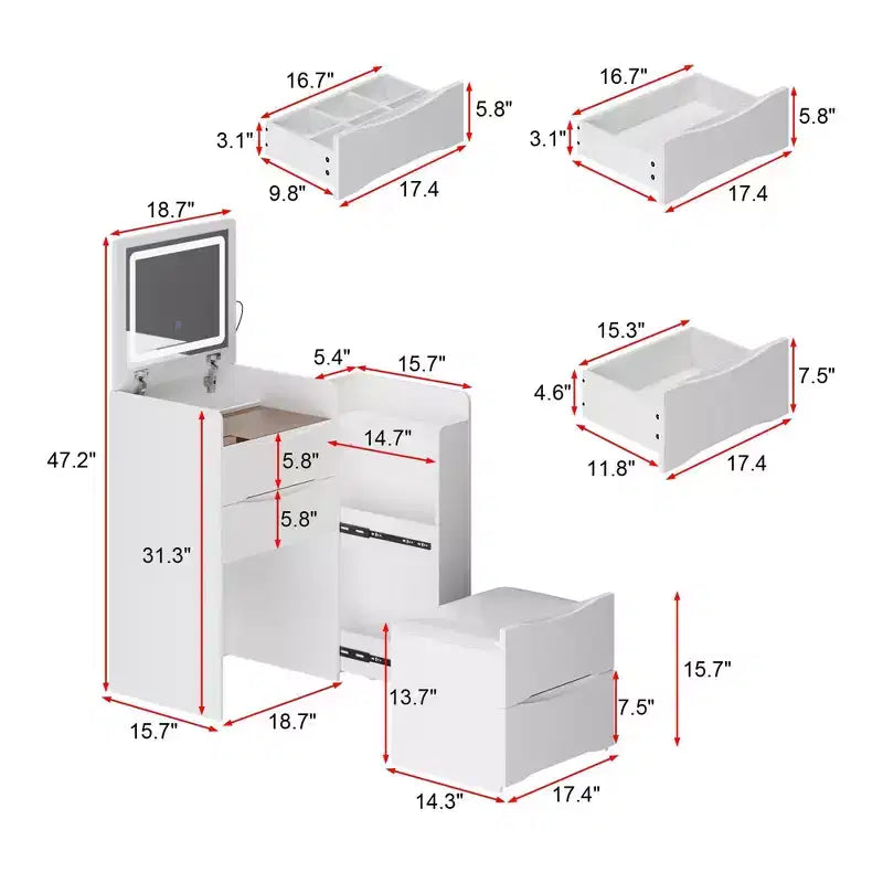 Coiffeuse blanche pliable avec rangements intégrés Compartiments coulissants latéraux