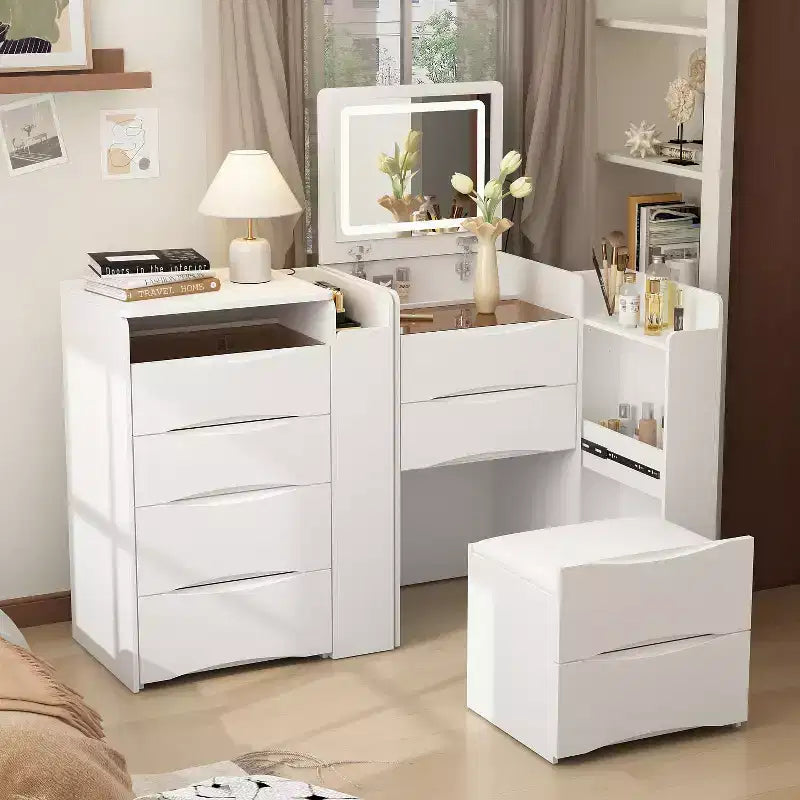 Coiffeuse blanche pliable avec rangements intégrés Compartiments coulissants latéraux