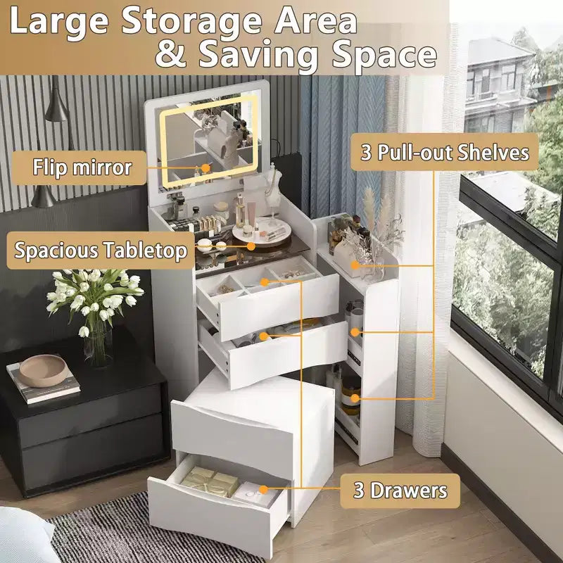 Coiffeuse blanche pliable avec rangements intégrés Compartiments coulissants latéraux