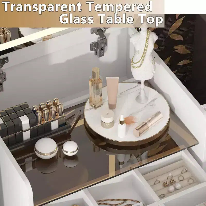 Coiffeuse blanche pliable avec rangements intégrés Compartiments coulissants latéraux