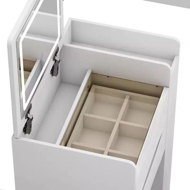 Coiffeuse blanche pliable avec rangements intégrés Compartiments coulissants latéraux