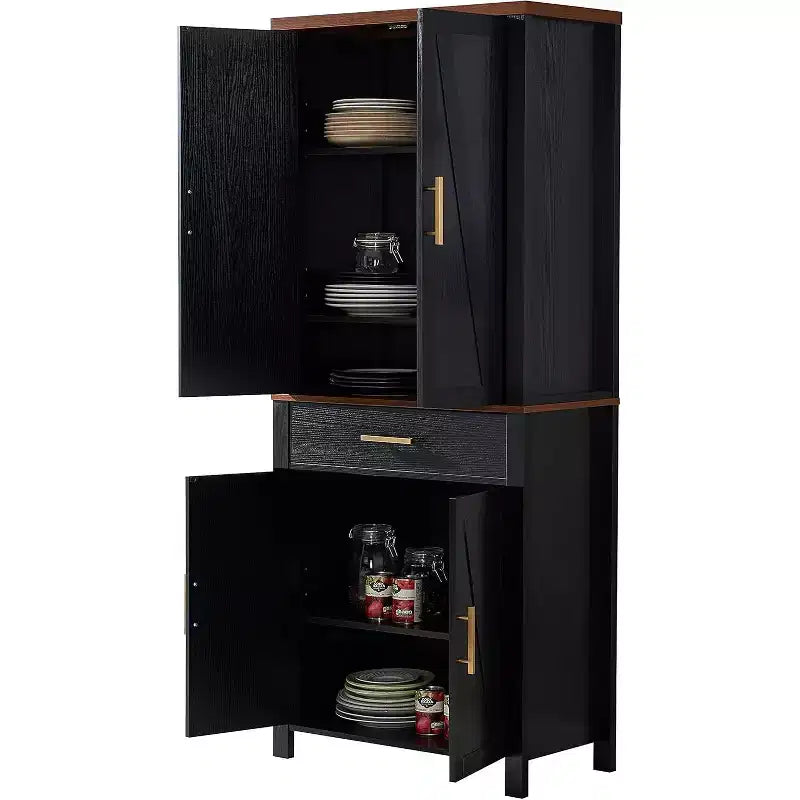 Armoire de rangement de cuisine autoportante avec portes, étagères réglables et tiroir