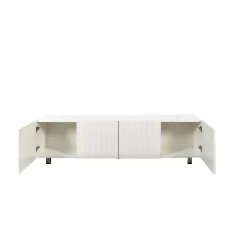 Meuble TV moderne avec 2 tiroirs coulissants, Console de rangement blanche pour centre de divertissement de salon, Design en bois durable et pieds en métal