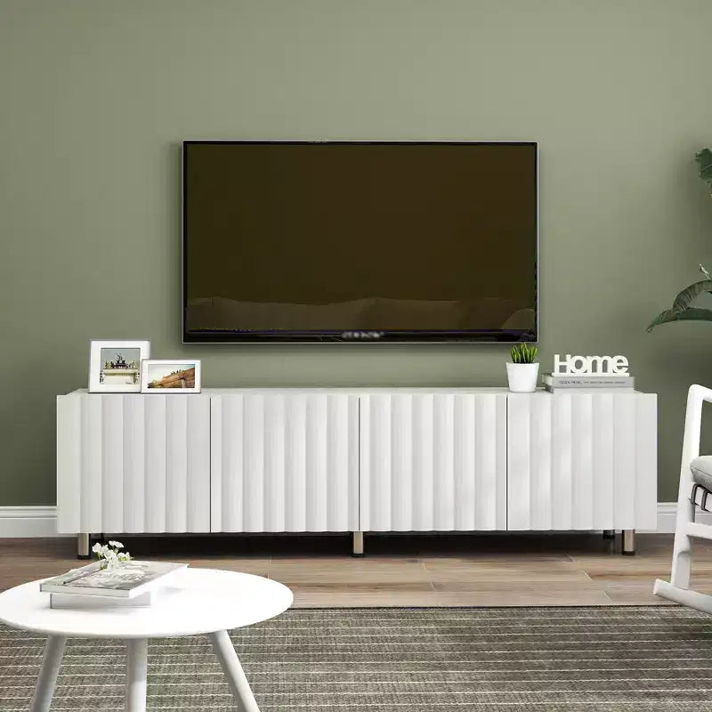 Meuble TV moderne avec 2 tiroirs coulissants, Console de rangement blanche pour centre de divertissement de salon, Design en bois durable et pieds en métal