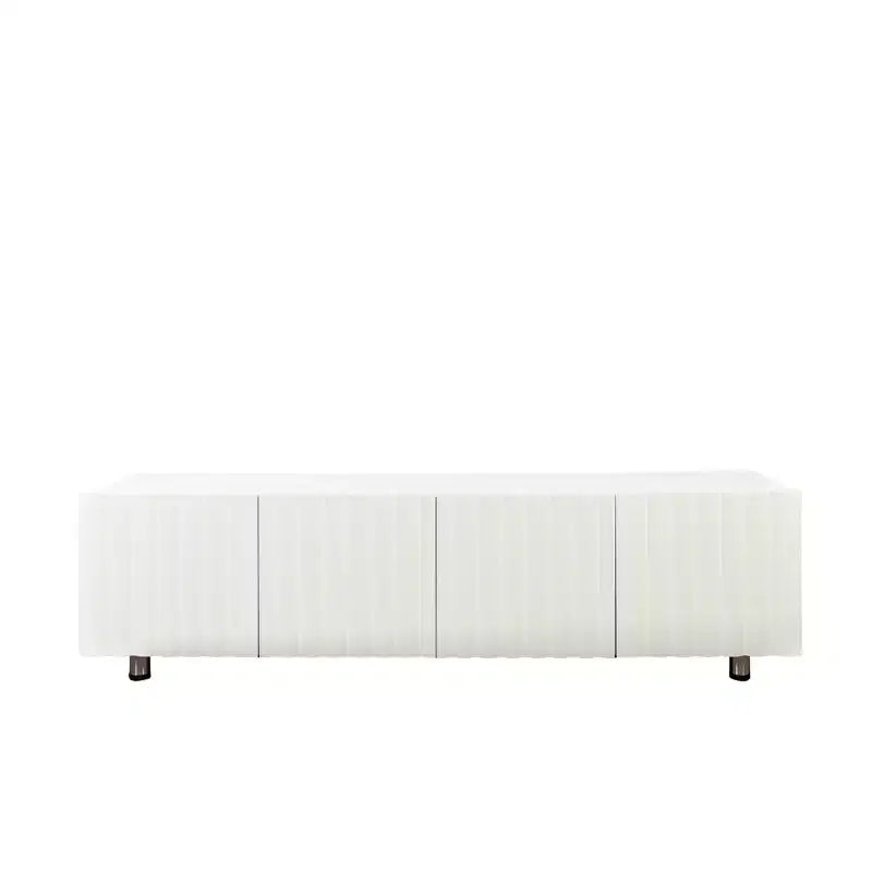 Meuble TV moderne avec 2 tiroirs coulissants, Console de rangement blanche pour centre de divertissement de salon, Design en bois durable et pieds en métal