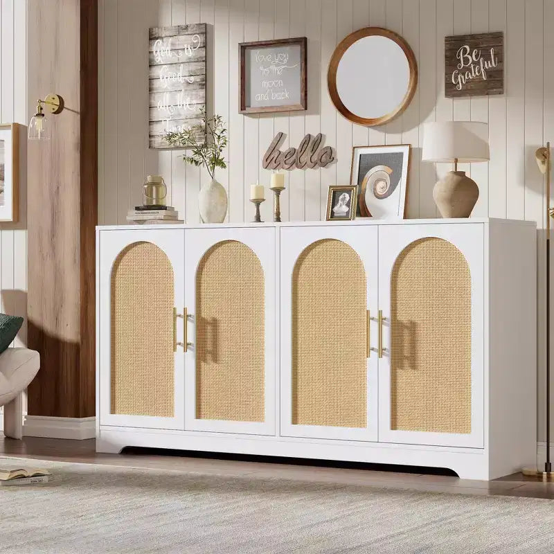 Bahut de rangement en rotin avec étagères, commode moderne pour salle à manger, salon, entrée ou cuisine