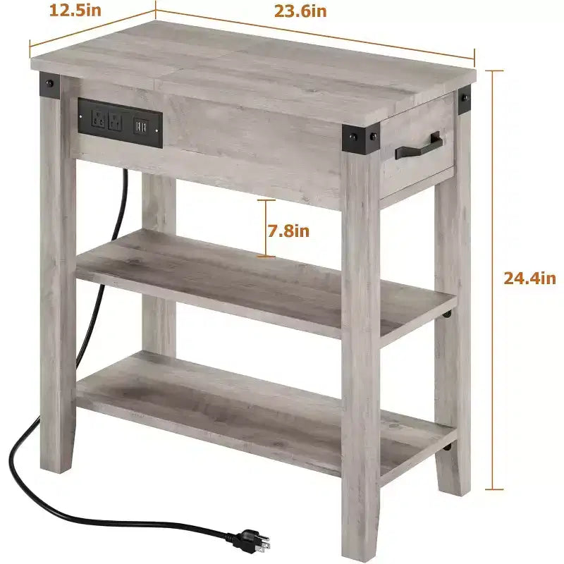 Table d'appoint avec station de recharge, table d'appoint étroite à 3 niveaux avec tiroir et rangement, table d'appoint en bois pour salon, chambre, bureau