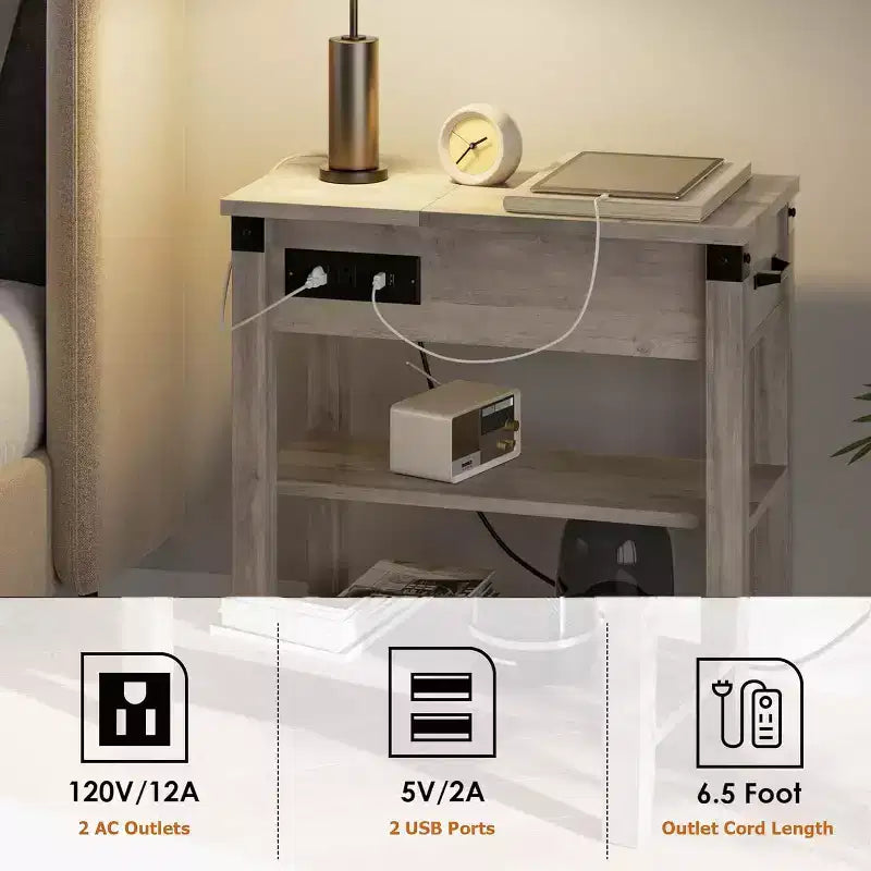 Table d'appoint avec station de recharge, table d'appoint étroite à 3 niveaux avec tiroir et rangement, table d'appoint en bois pour salon, chambre, bureau