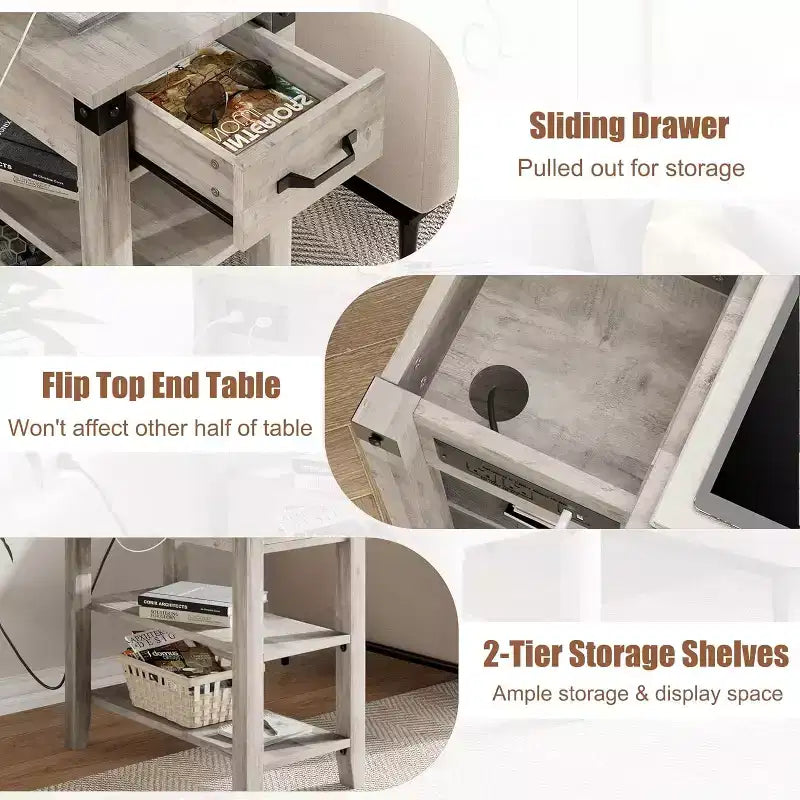 Table d'appoint avec station de recharge, table d'appoint étroite à 3 niveaux avec tiroir et rangement, table d'appoint en bois pour salon, chambre, bureau