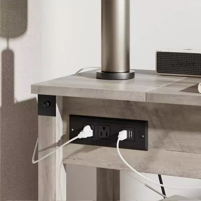 Table d'appoint avec station de recharge, table d'appoint étroite à 3 niveaux avec tiroir et rangement, table d'appoint en bois pour salon, chambre, bureau