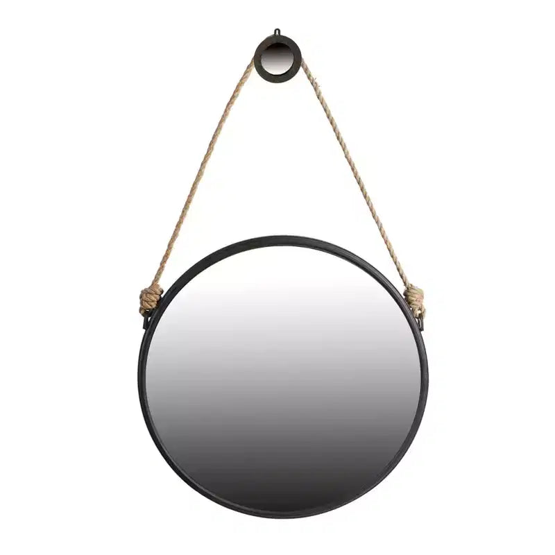 Miroir mural rond suspendu de 29,5 pouces avec cadre noir et sangle en corde