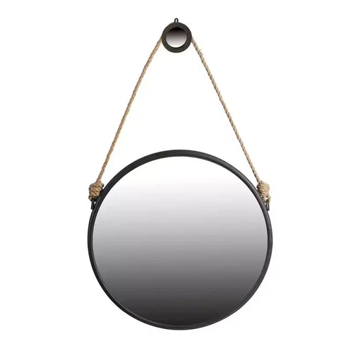 Miroir mural rond suspendu de 29,5 pouces avec cadre noir et sangle en corde