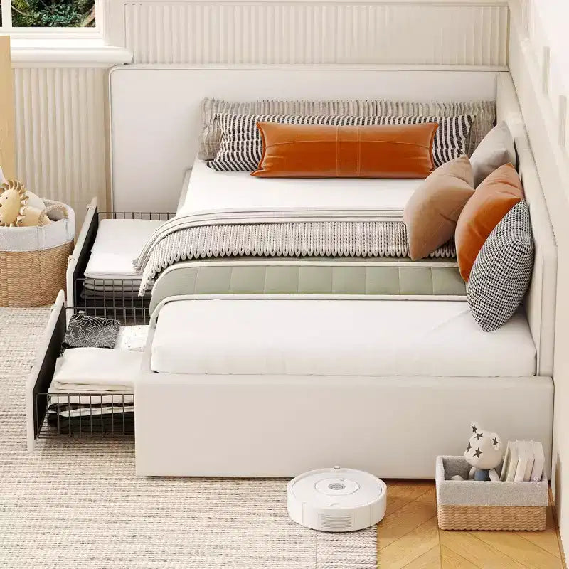 Lit de repos double avec tiroirs de rangement, cadre de lit d'angle en velours avec tête de lit, lit moderne pour enfants avec barrières de lit pour salon, chambre