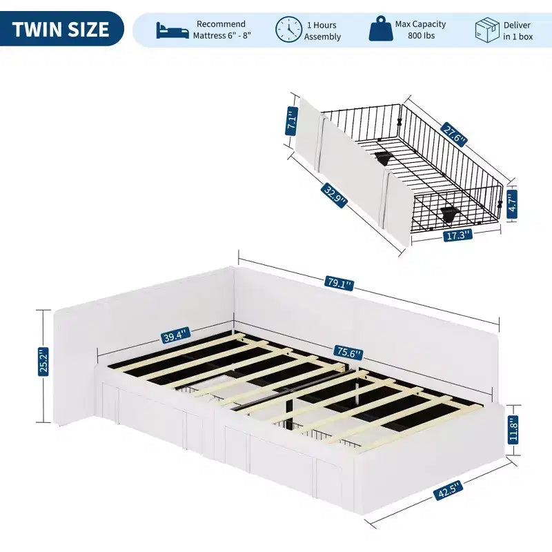 Lit de repos double avec tiroirs de rangement, cadre de lit d'angle en velours avec tête de lit, lit moderne pour enfants avec barrières de lit pour salon, chambre