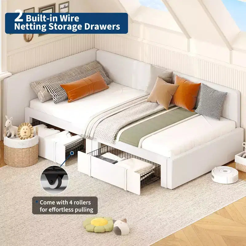 Lit de repos double avec tiroirs de rangement, cadre de lit d'angle en velours avec tête de lit, lit moderne pour enfants avec barrières de lit pour salon, chambre