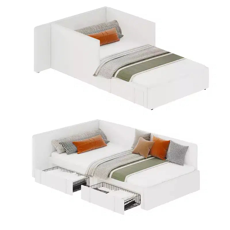 Lit de repos double avec tiroirs de rangement, cadre de lit d'angle en velours avec tête de lit, lit moderne pour enfants avec barrières de lit pour salon, chambre