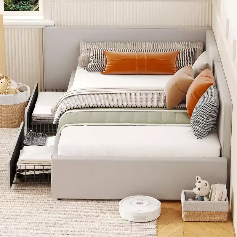 Lit de repos double avec tiroirs de rangement, cadre de lit d'angle en velours avec tête de lit, lit moderne pour enfants avec barrières de lit pour salon, chambre